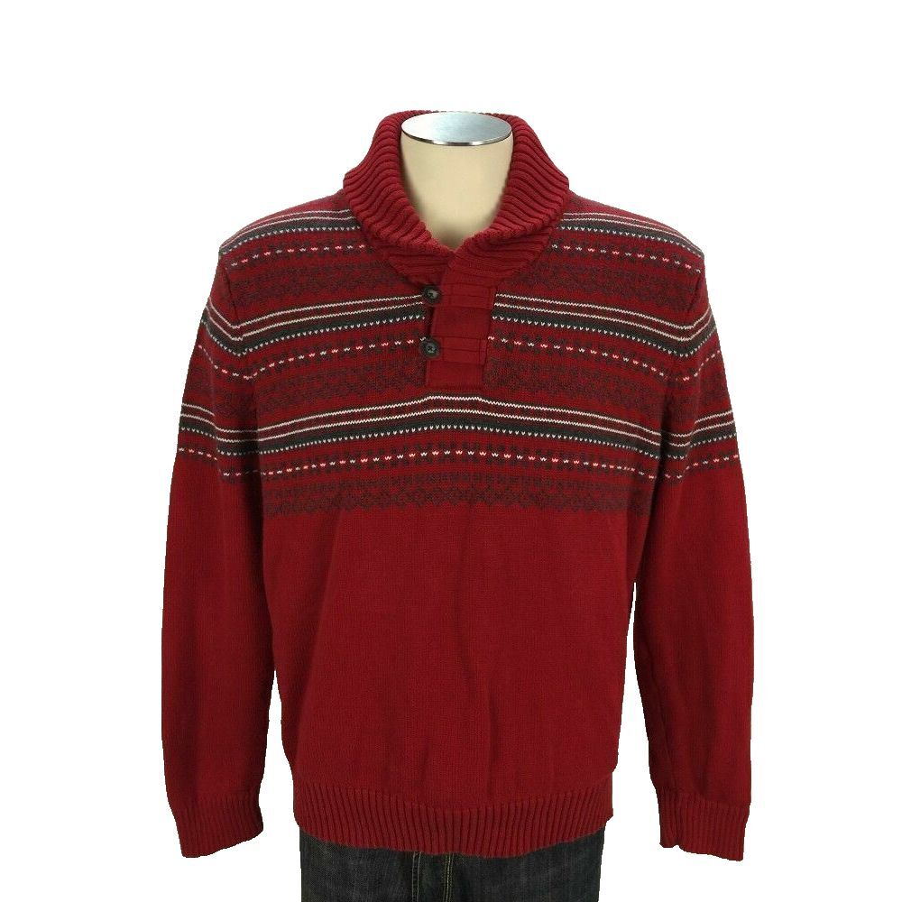 Nautica Nordic Shawl Collar‎ Button Sweater L Red Knit Pullover Xmas Mens